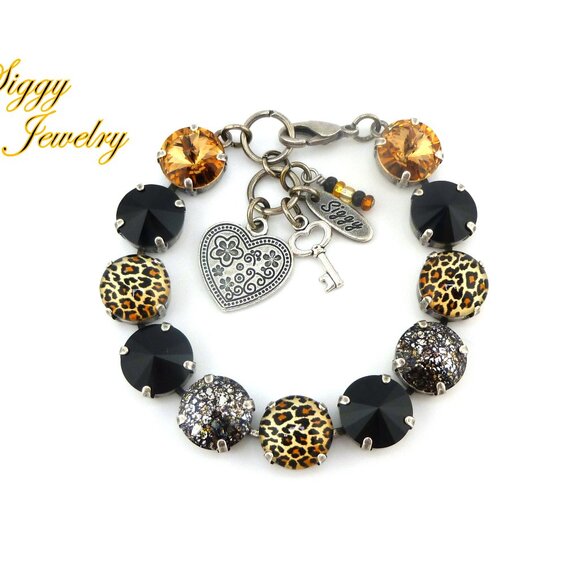 Jungle Glam Bracelet Made with Austrian Crystals and Leopard Color Cabochons - Picture 1 of 6